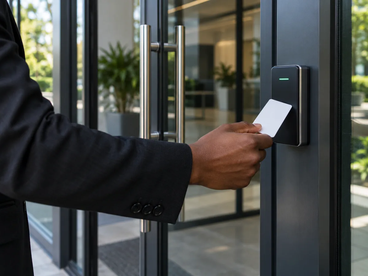 Secure card access reader at a modern office entrance