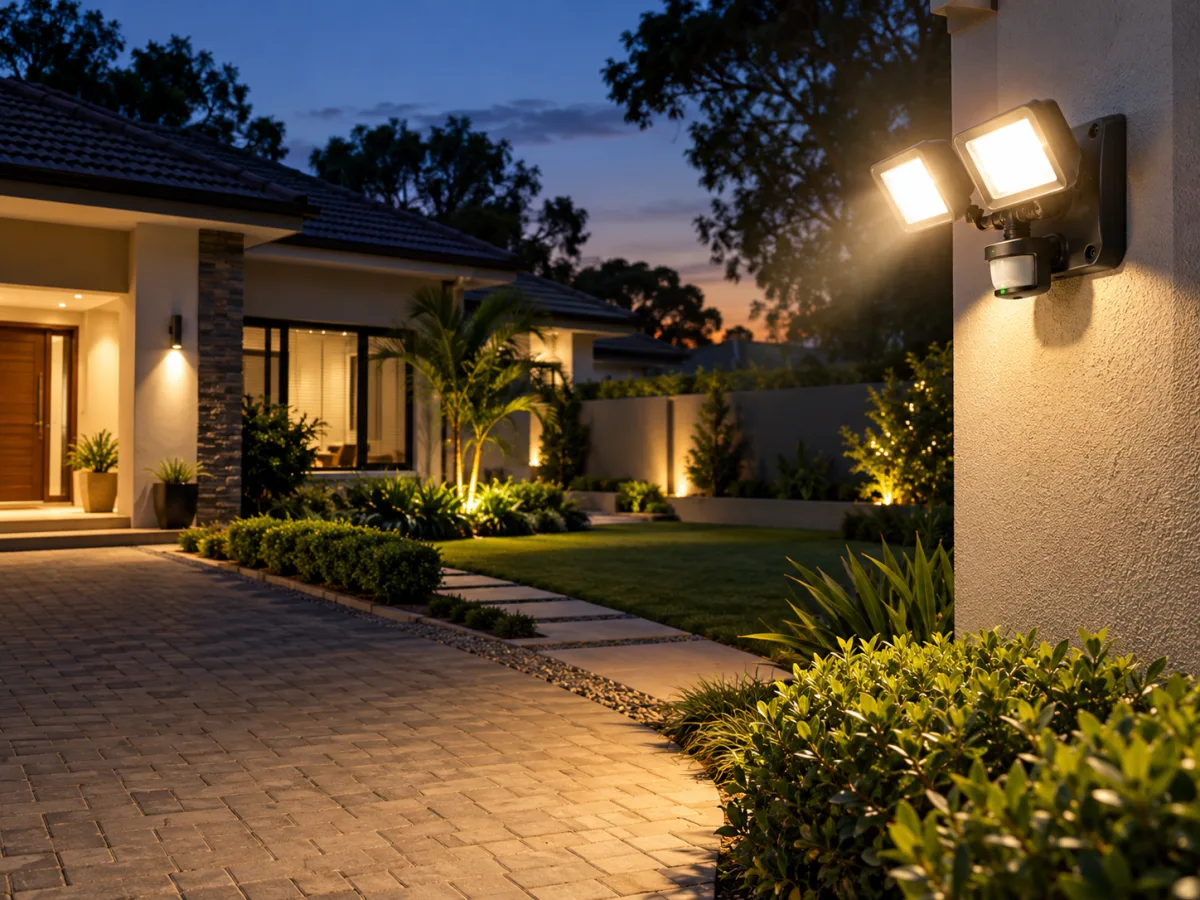 Motion-activated security lights illuminating a home driveway and yard