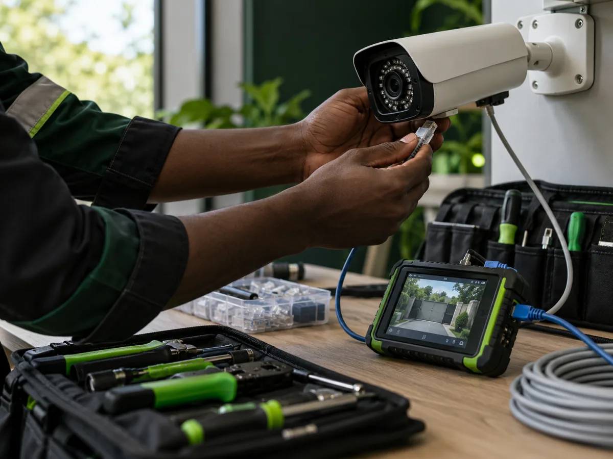 Security technician carefully testing CCTV equipment and cabling